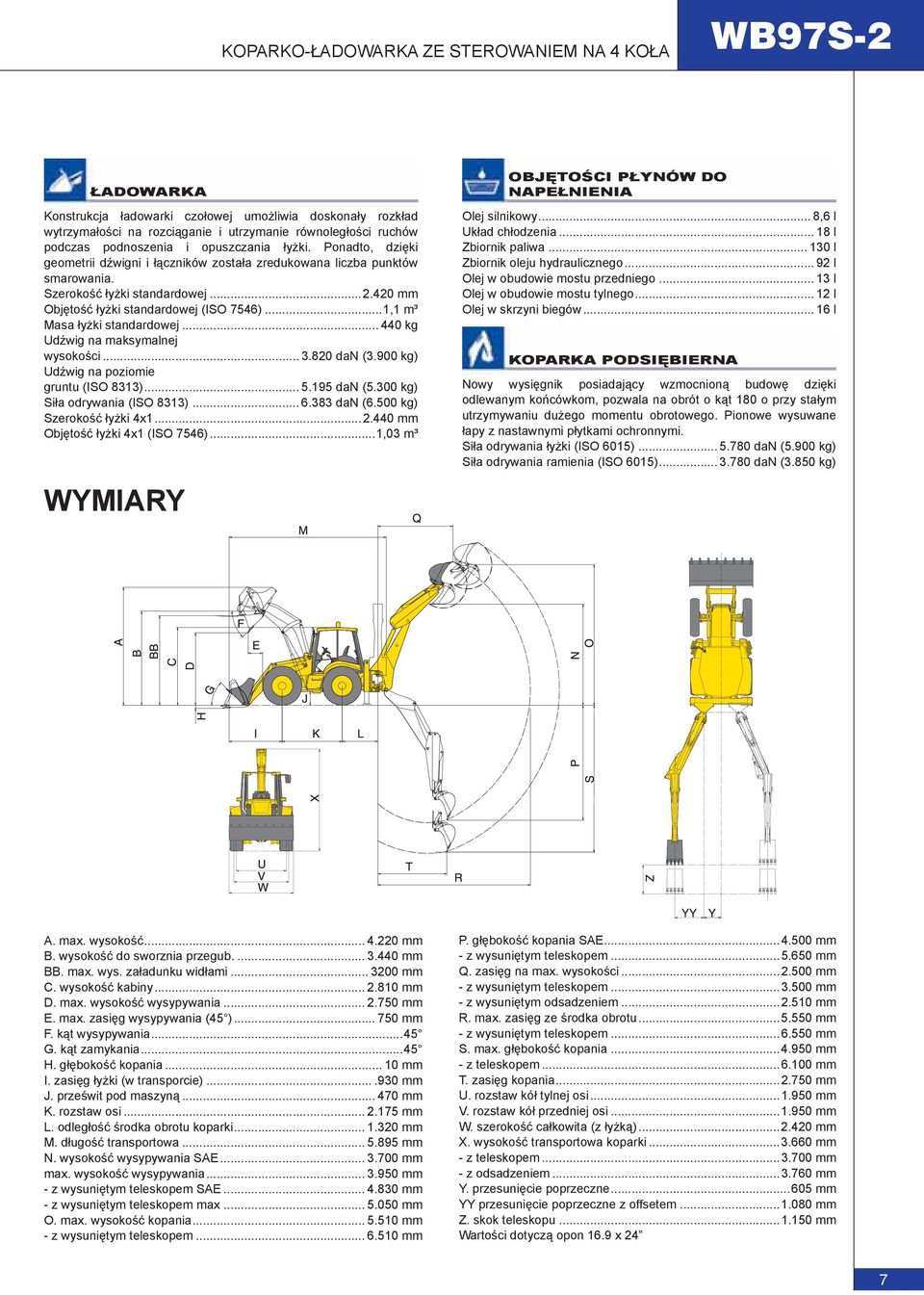 ..1,1 m³ Masa łyżki standardowej... 440 kg Udźwig na maksymalnej wysokości... 3.820 dan (3.900 kg) Udźwig na poziomie gruntu (ISO 8313)... 5.195 dan (5.300 kg) Siła odrywania (ISO 8313)... 6.