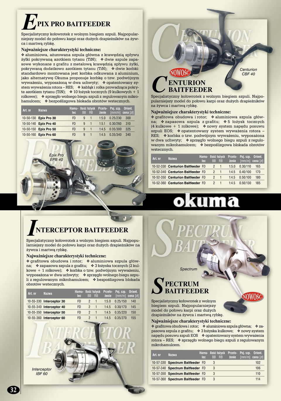 tytanu (TiN); dwie korbki: standardowo montowana jest korbka odkuwana z aluminium, jako alternatyw Okuma proponuje korbk o tzw.