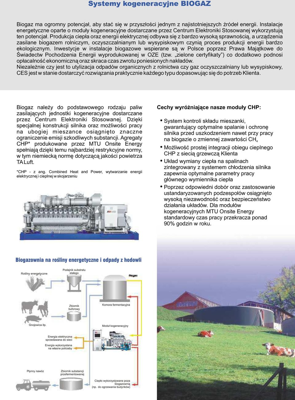 Produkcja ciepła oraz energii elektrycznej odbywa się z bardzo wysoką sprawnością, a urządzenia zasilane biogazem rolniczym, oczyszczalnianym lub wysypiskowym czynią proces produkcji energii bardzo