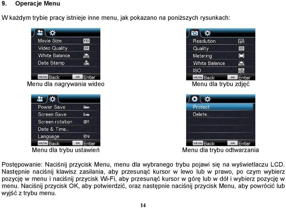 Następnie naciśnij klawisz zasilania, aby przesunąć kursor w lewo lub w prawo, po czym wybierz pozycję w menu i naciśnij przycisk Wi-Fi, aby przesunąć