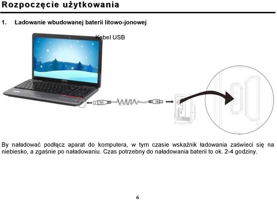 podłącz aparat do komputera, w tym czasie wskaźnik ładowania