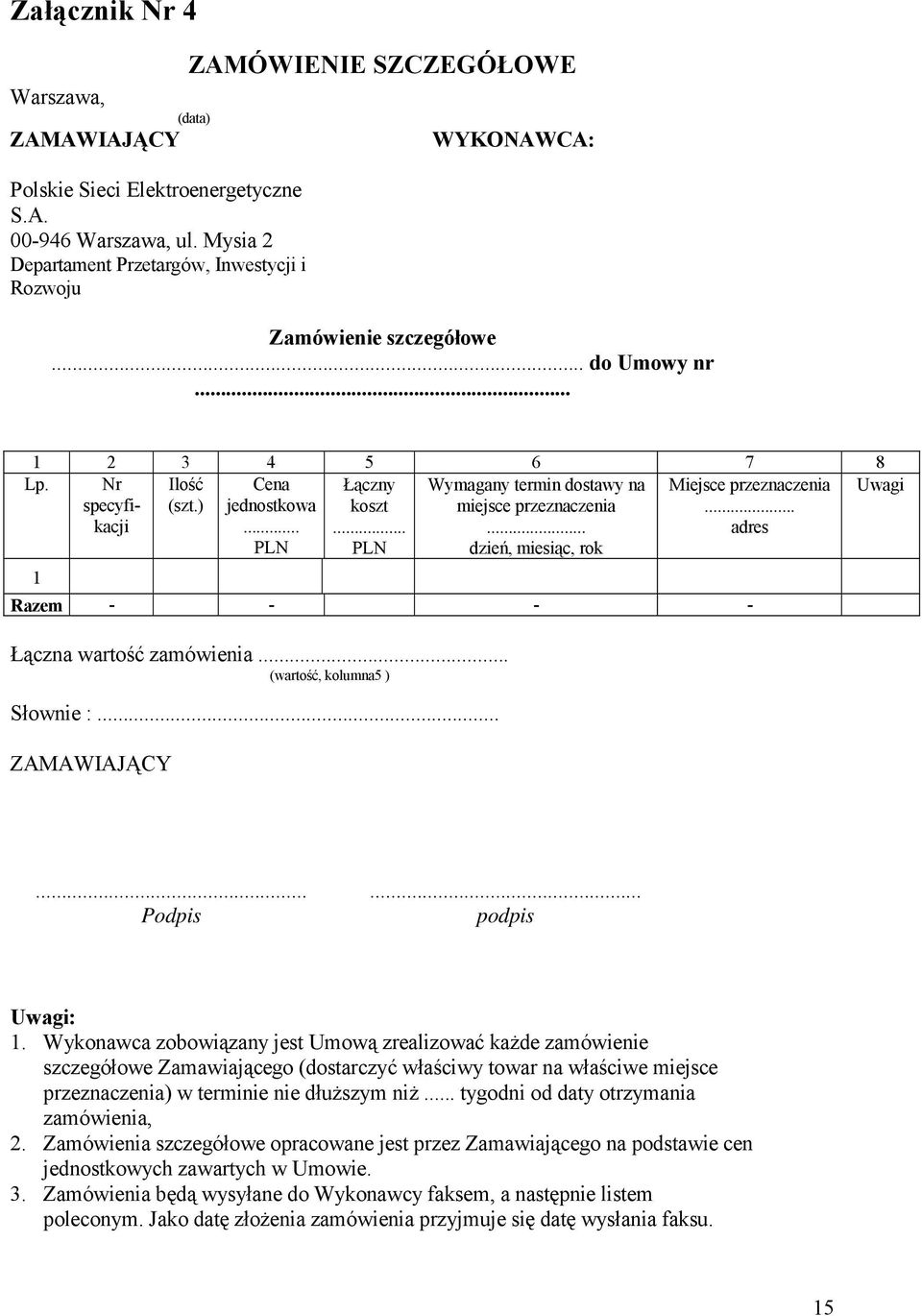 .. adres Uwagi 1 Cena jednostkowa... PLN Łączny koszt... PLN Wymagany termin dostawy na miejsce przeznaczenia... dzień, miesiąc, rok Razem - - - - Łączna wartość zamówienia.