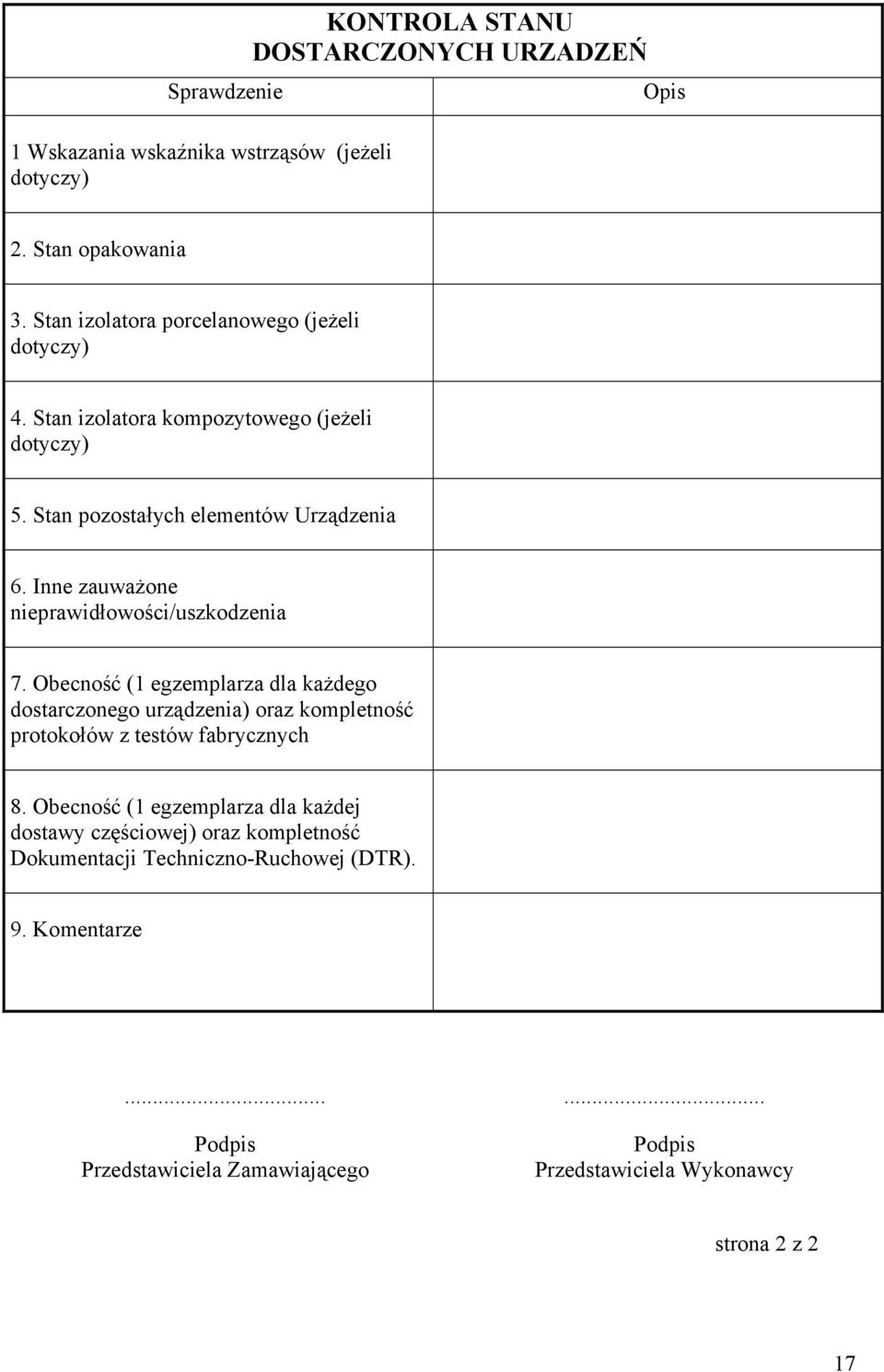 Inne zauważone nieprawidłowości/uszkodzenia 7. Obecność (1 egzemplarza dla każdego dostarczonego urządzenia) oraz kompletność protokołów z testów fabrycznych 8.