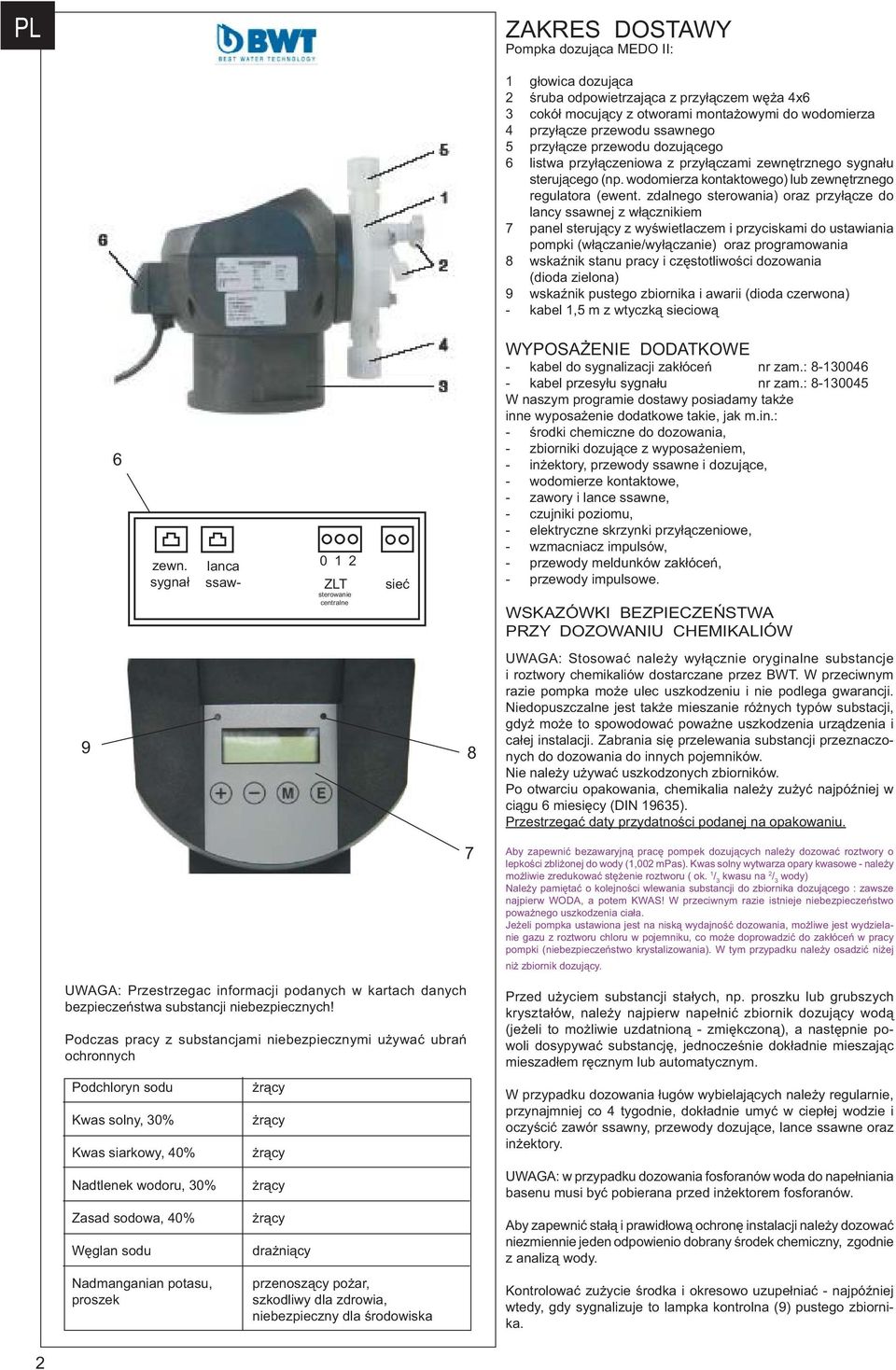 zdalnego sterowania) oraz przyłącze do lancy ssawnej z włącznikiem 7 panel sterujący z wyświetlaczem i przyciskami do ustawiania pompki (włączanie/wyłączanie) oraz programowania 8 wskaźnik stanu