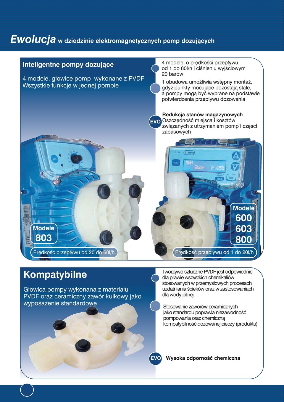 magazynowych EVO Oszczędność miejsca i kosztów związanych z utrzymaniem pomp i części zapasowych Modele 803 Prędkość przepływu od 20 do 60l/h Modele 600 603 800 Prędkość przepływu od 1 do 20l/h
