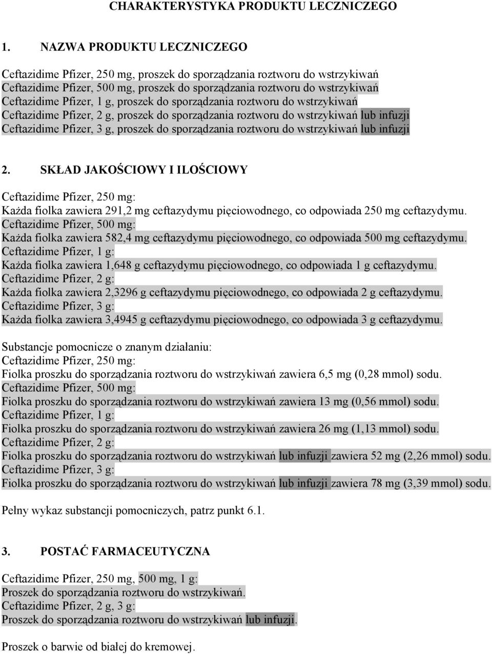 1 g, proszek do sporządzania roztworu do wstrzykiwań Ceftazidime Pfizer, 2 g, proszek do sporządzania roztworu do wstrzykiwań lub infuzji Ceftazidime Pfizer, 3 g, proszek do sporządzania roztworu do