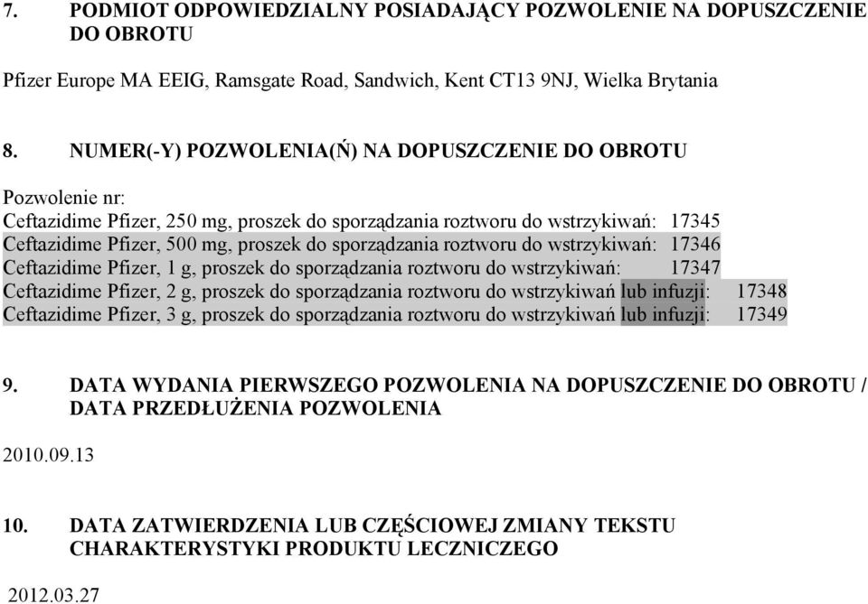 roztworu do wstrzykiwań: 17346 Ceftazidime Pfizer, 1 g, proszek do sporządzania roztworu do wstrzykiwań: 17347 Ceftazidime Pfizer, 2 g, proszek do sporządzania roztworu do wstrzykiwań lub infuzji: