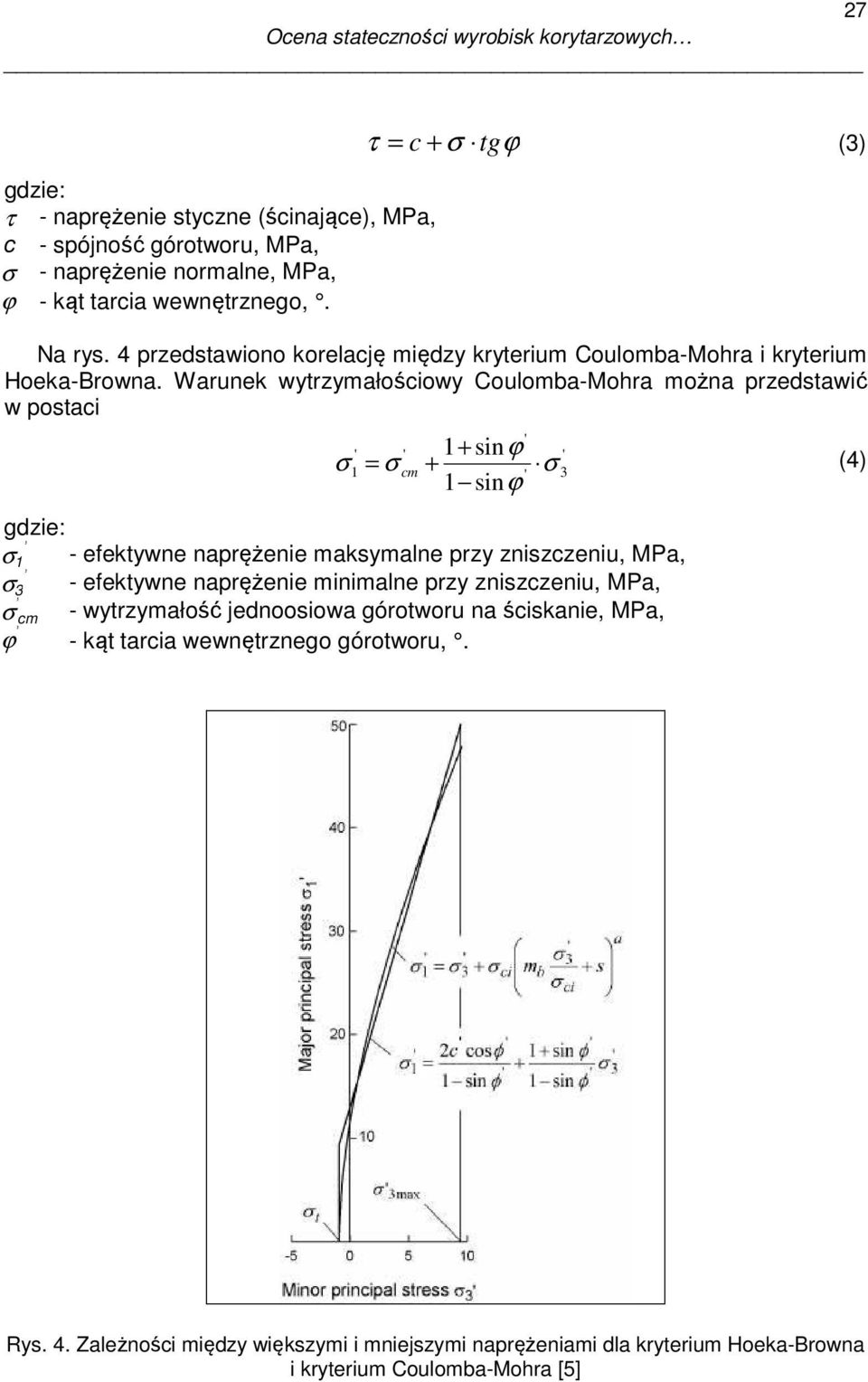 Warunek wytrzymałościowy Coulomba-Mohra można przedstawić w postaci σ 1+ sin 1 sinϕ ' ' ' ϕ ' 1 = σ cm + σ (4) ' 3 gdzie: σ 1 - efektywne naprężenie maksymalne przy zniszczeniu, MPa, σ 3 -