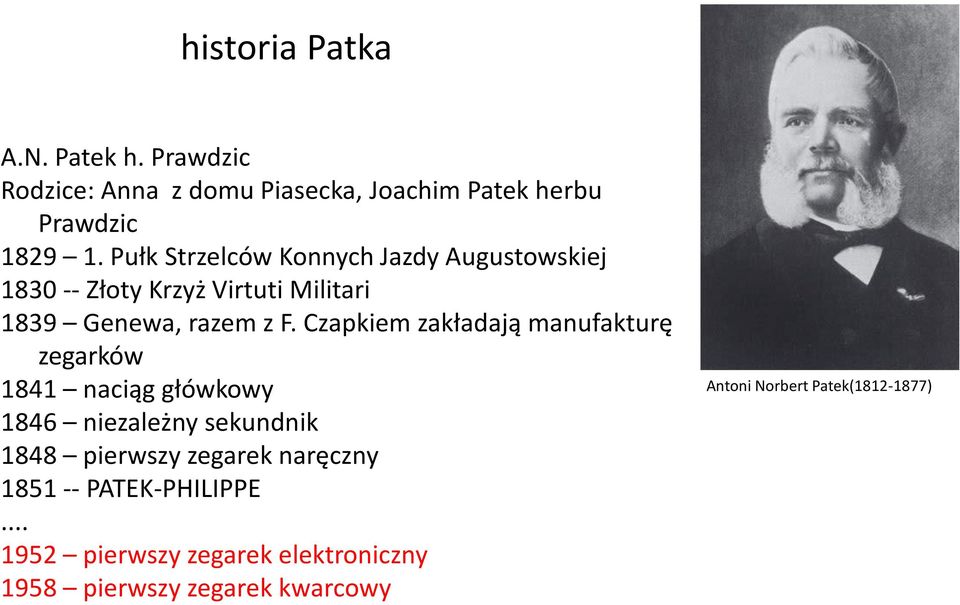Czapkiem zakładają manufakturę zegarków 1841 naciąg główkowy 1846 niezależny sekundnik 1848 pierwszy zegarek