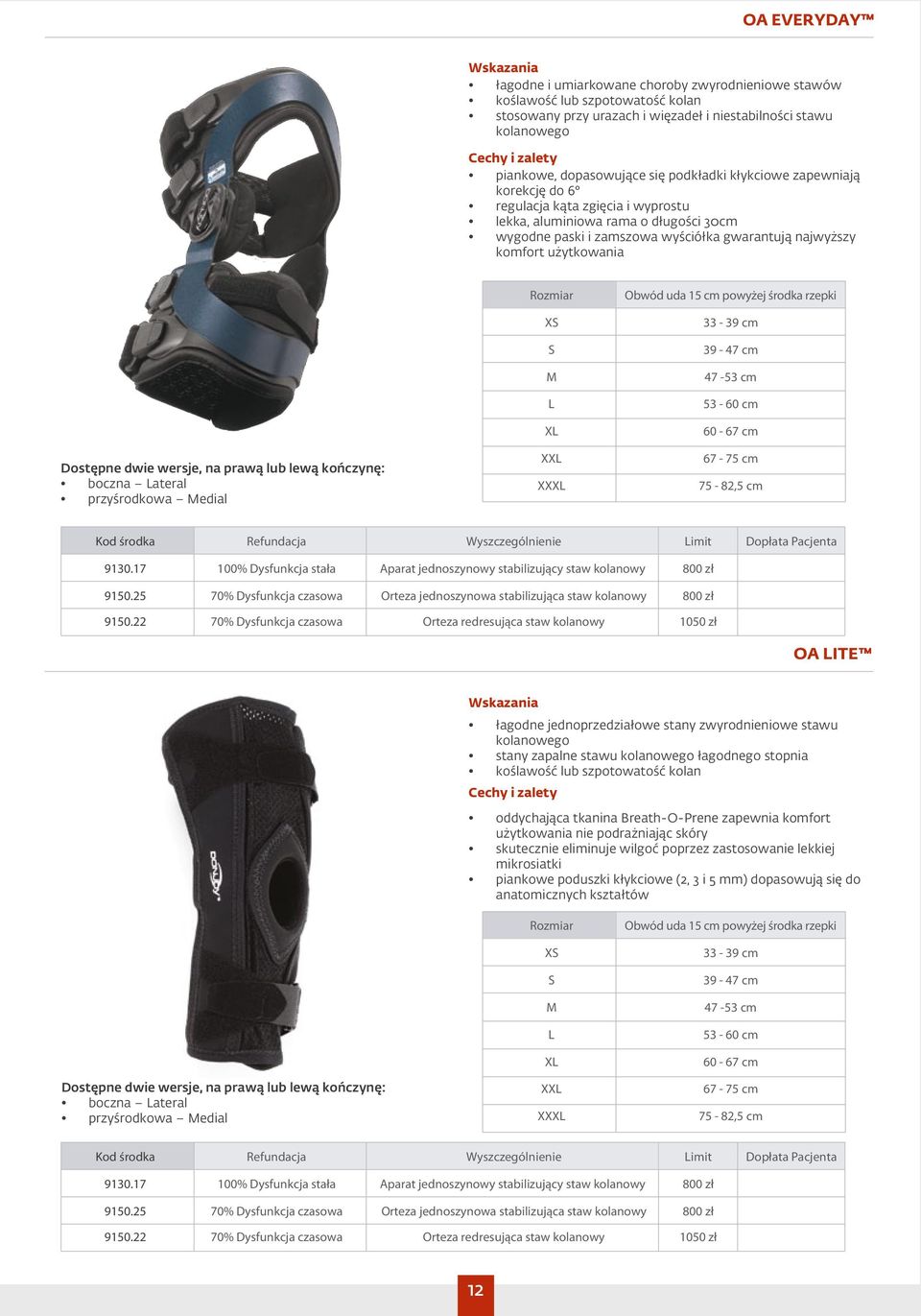 Dostępne dwie wersje, na prawą lub lewą kończynę: boczna ateral przyśrodkowa edial X X XX XXX Obwód uda 15 cm powyżej środka rzepki 33-39 cm 39-47 cm 47-53 cm 53-60 cm 60-67 cm 67-75 cm 75-82,5 cm