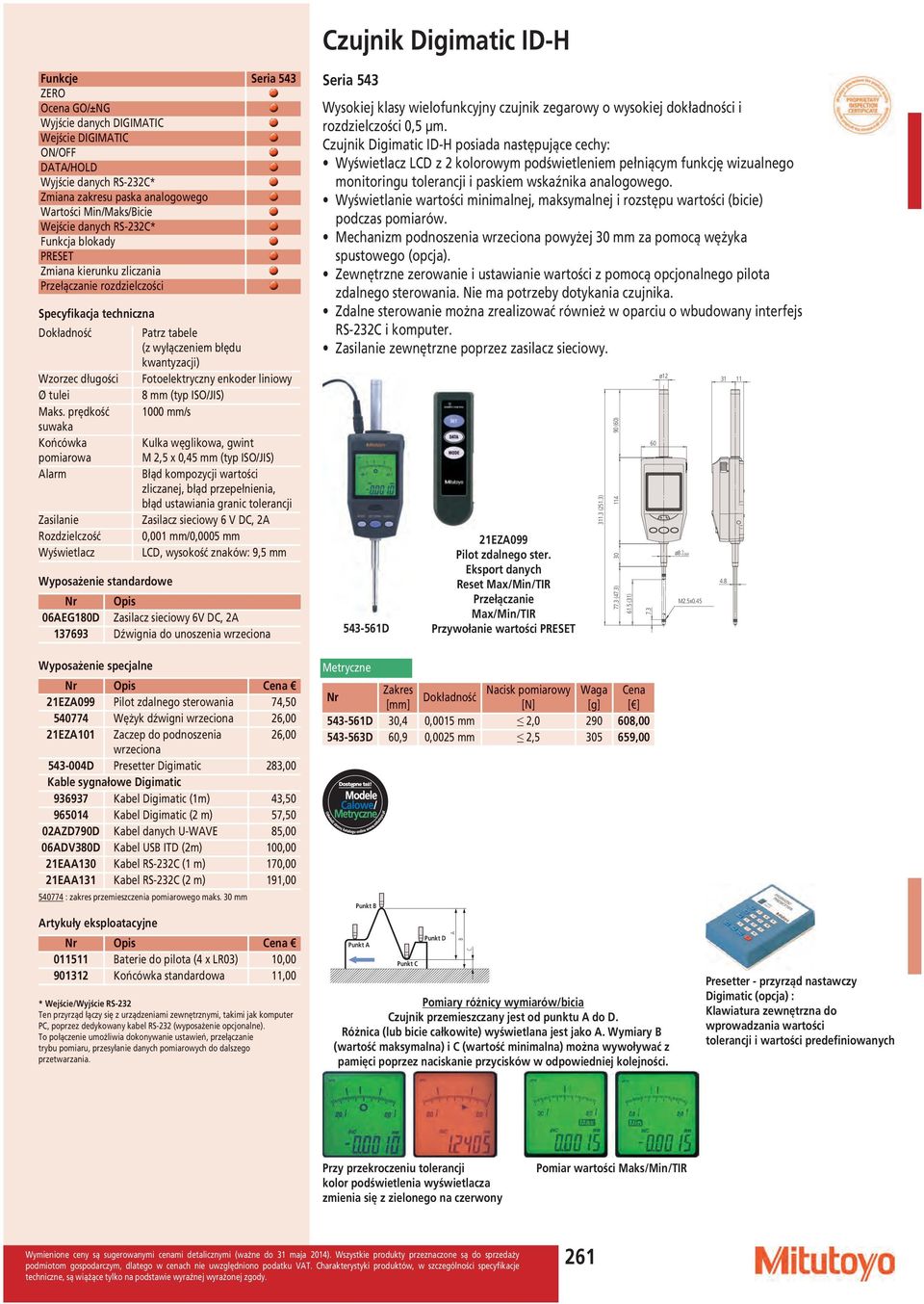 prędkość suwaka Końcówka pomiarowa larm Zasilanie Rozdzielczość Wyświetlacz Wyposażenie standardowe Patrz tabele (z wyłączeniem błędu kwantyzacji) Fotoelektryczny enkoder liniowy 8 (typ ISO/JIS) 1000