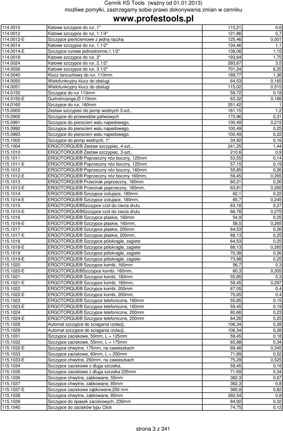 0036 Katowe szczypce do rur, 3.1/2" 701,24 6,25 114.0040 Klucz lancuchowy do rur, 110mm 189,77 1,36 114.0050 Wielofunkcyjny klucz do obslugi 64,53 0,165 114.
