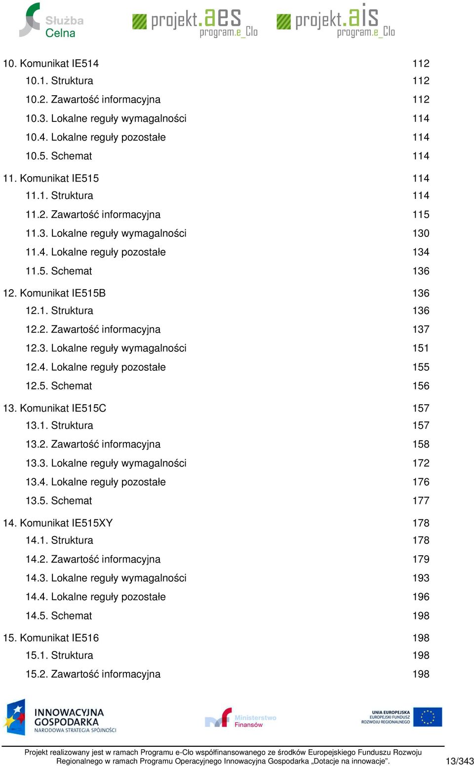 5. Schemat 13. Komunikat IE515C 13.1. Struktura 13.2. Zawartość informacyjna 13.3. Lokalne reguły wymagalności 13.4. Lokalne reguły pozostałe 13.5. Schemat 14. Komunikat IE515XY 14.1. Struktura 14.2. Zawartość informacyjna 14.