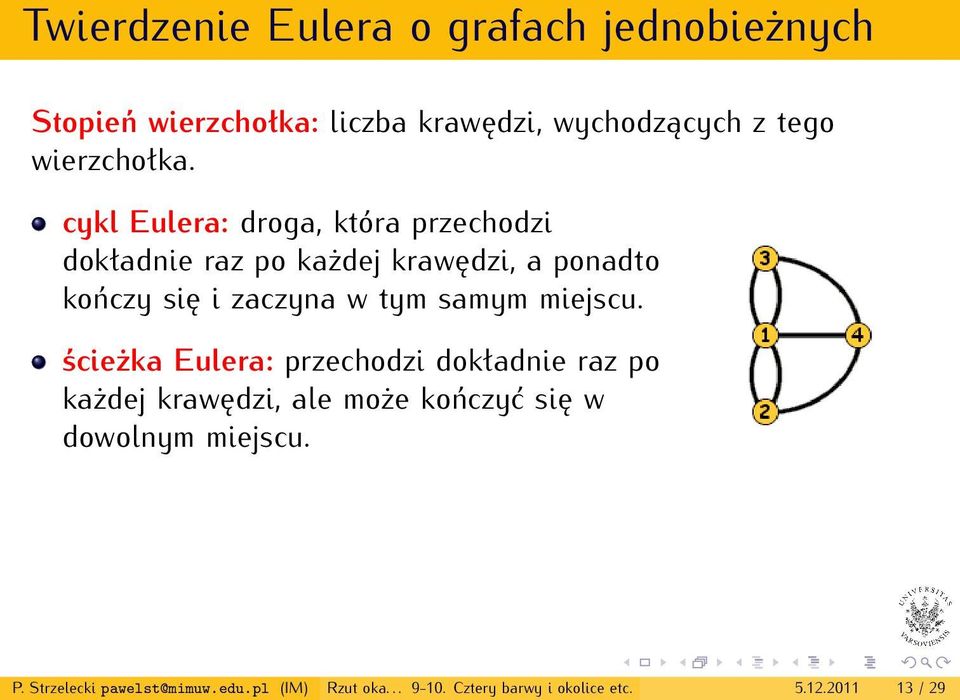 cykl Eulera: droga, która przechodzi dokładnie raz po każdej krawędzi, a ponadto kończy się i zaczyna w tym