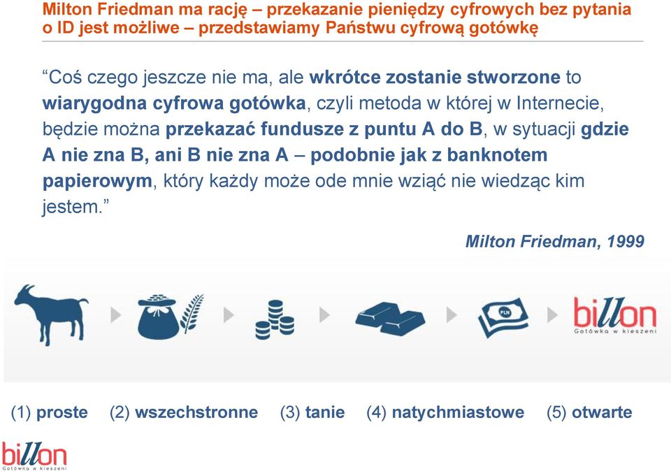 można przekazać fundusze z puntu A do B, w sytuacji gdzie A nie zna B, ani B nie zna A podobnie jak z banknotem papierowym, który