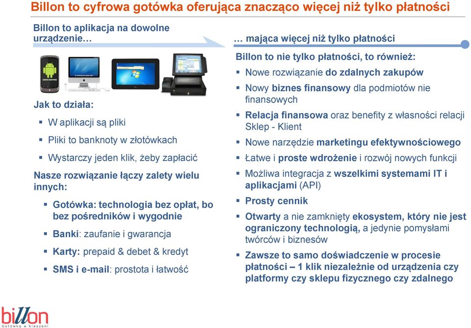 e-mail: prostota i łatwość mająca więcej niż tylko płatności Billon to nie tylko płatności, to również: Nowe rozwiązanie do zdalnych zakupów Nowy biznes finansowy dla podmiotów nie finansowych