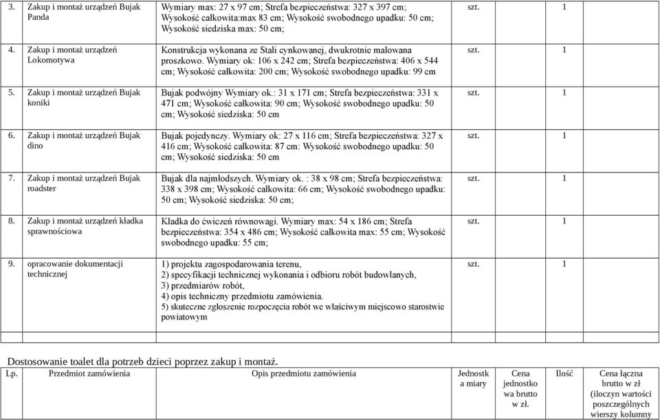 opracowanie dokumentacji technicznej Wymiary max: 27 x 97 cm; Strefa bezpieczeństwa: 327 x 397 cm; Wysokość całkowita:max 83 cm; Wysokość swobodnego upadku: 50 cm; Wysokość siedziska max: 50 cm;