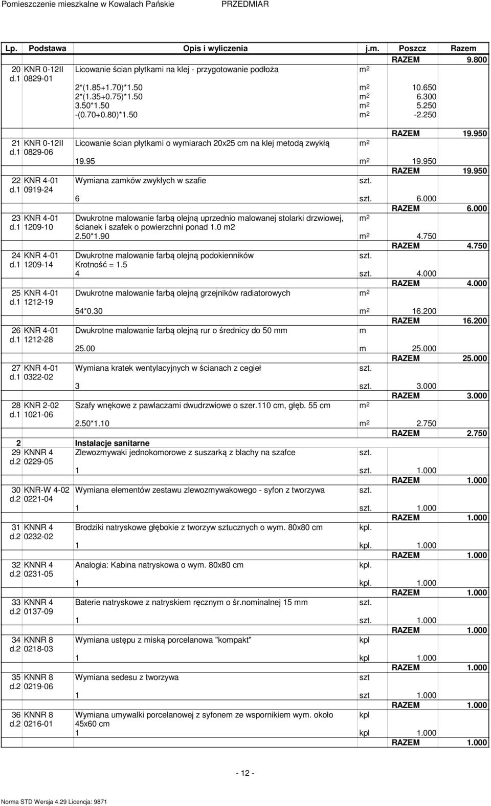 1 1212-19 26 KNR 4-01 d.1 1212-28 27 KNR 4-01 d.1 0322-02 28 KNR 2-02 d.1 1021-06 Licowanie ścian płytkami o wymiarach 20x25 cm na klej metodą zwykłą m 2 RAZEM 19.950 19.95 m 2 19.950 RAZEM 19.