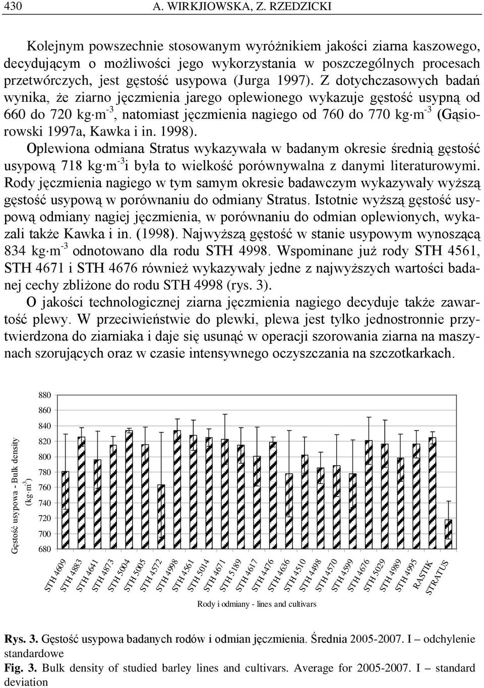 Z dotychczasowych badań wynika, że ziarno jęczmienia jarego oplewionego wykazuje gęstość usypną od 660 do 720 kg m -3, natomiast jęczmienia nagiego od 760 do 770 kg m -3 (Gąsiorowski 1997a, Kawka i