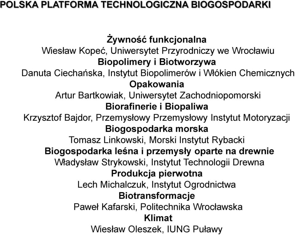 Przemysłowy Instytut Motoryzacji Biogospodarka morska Tomasz Linkowski, Morski Instytut Rybacki Biogospodarka leśna i przemysły oparte na drewnie Władysław Strykowski,