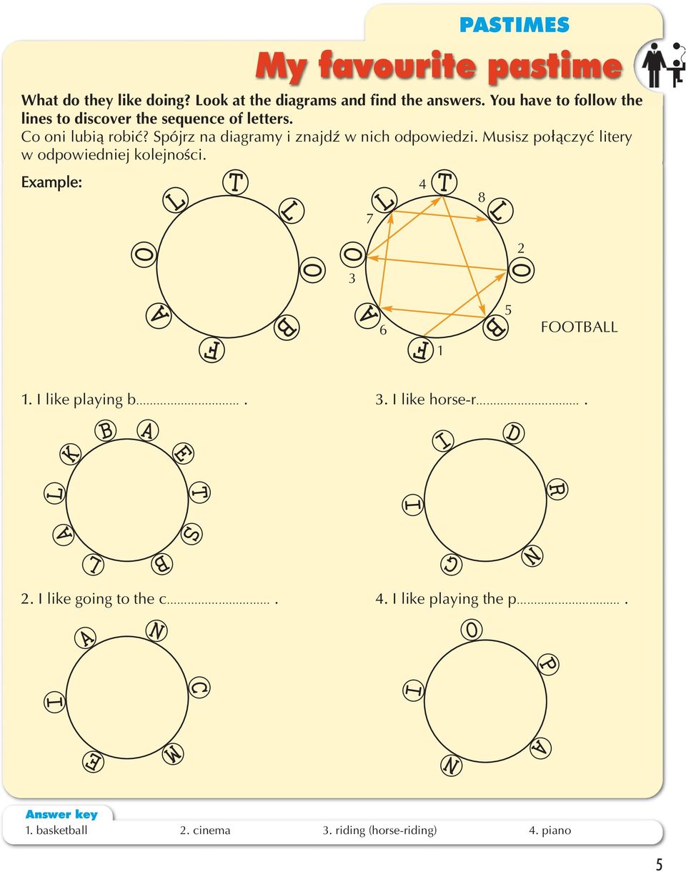 Spójrz na diagramy i znajdź w nich odpowiedzi. Musisz połączyć litery w odpowiedniej kolejności. Example: FTB 1. I like playing b.