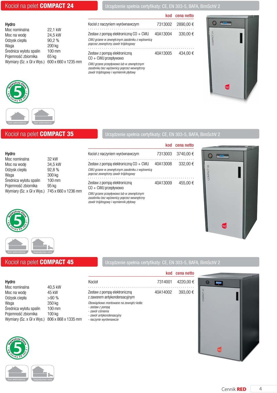 455,00 Kocioł na pelet COMPACT 45 wylotu spalin 40,5 kw 45 kw >90 % 350 kg 100 kg 806 x 868 x 1335 mm Kocioł 7314001 4220,00 z zaworem