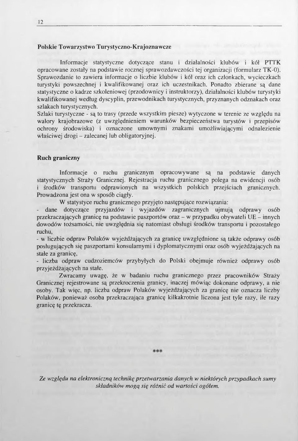Ponadto zbierane są dane statystyczne o kadrze szkoleniowej (przodownicy i instruktorzy), działalności klubów turystyki kwalifikowanej według dyscyplin, przewodnikach turystycznych, przyznanych
