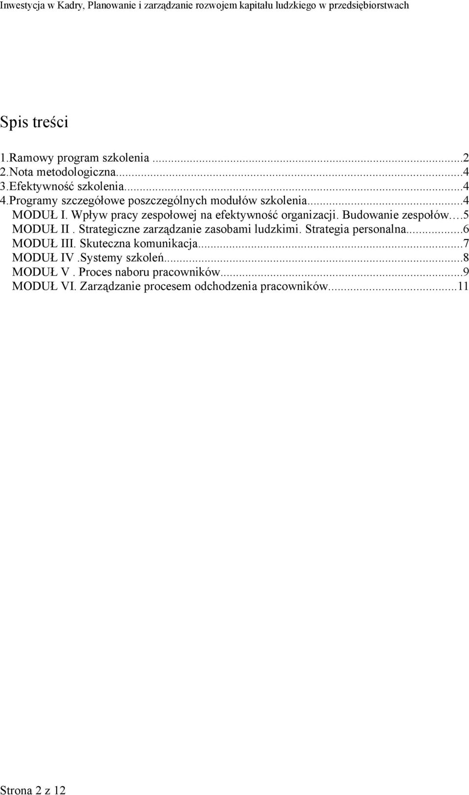 Budowanie zespołów...5 MODUŁ II. Strategiczne zarządzanie zasobami ludzkimi. Strategia personalna...6 MODUŁ III.
