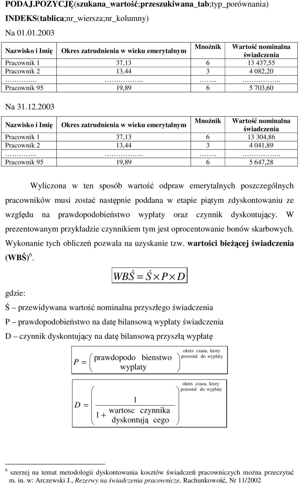 12.2003 Nazwisko i Imi Okres zatrudnienia w wieku emerytalnym Mnonik Warto nominalna wiadczenia Pracownik 1 37,13 6 13 304,86 Pracownik 2 13,44 3 4 041,89.
