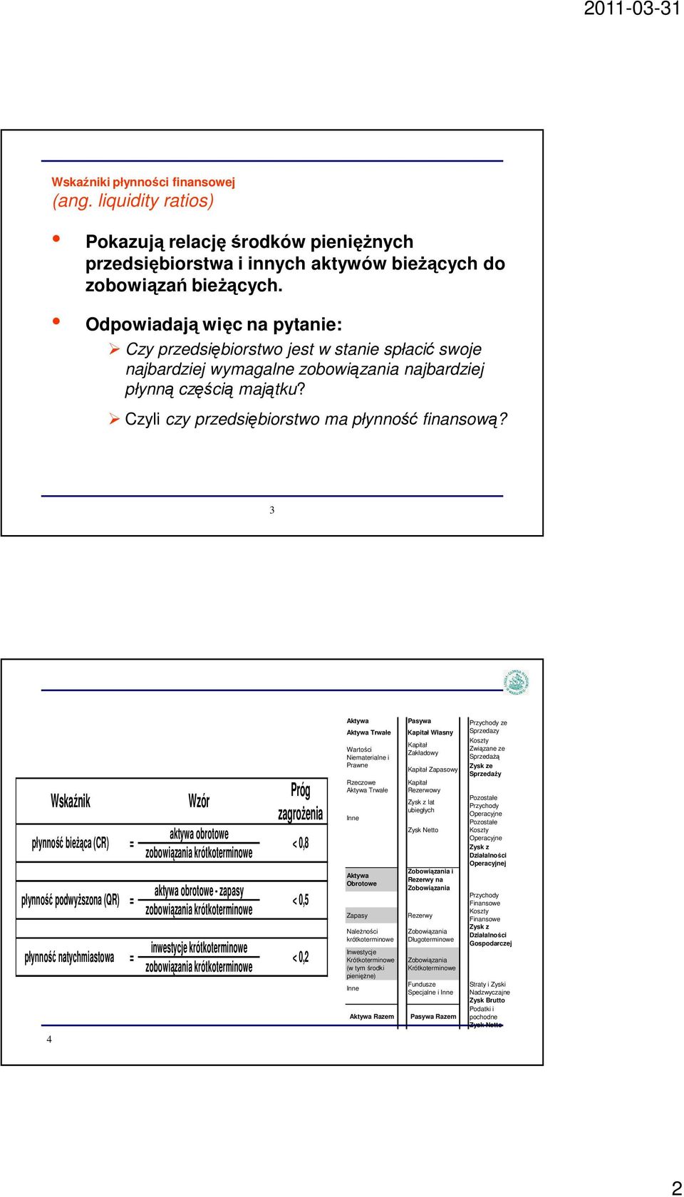 3 4 Wskaźnik płynność bieżąca (CR) płynność podwyższona (QR) płynność natychmiastowa = = = Wzór aktywa obrotowe zobowiązania krótkoterminowe aktywa obrotowe - zapasy zobowiązania krótkoterminowe
