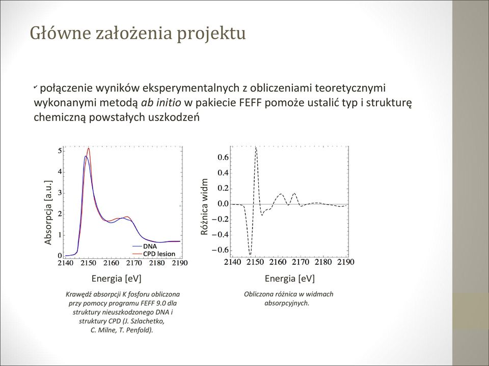 talić typ i strukturę chemiczną powstałych uszkodzeń Absorpcja [a.u.] Różnica widm Energia [ev] Krawędź absorpcji K fosforu obliczona przy pomocy programu FEFF 9.