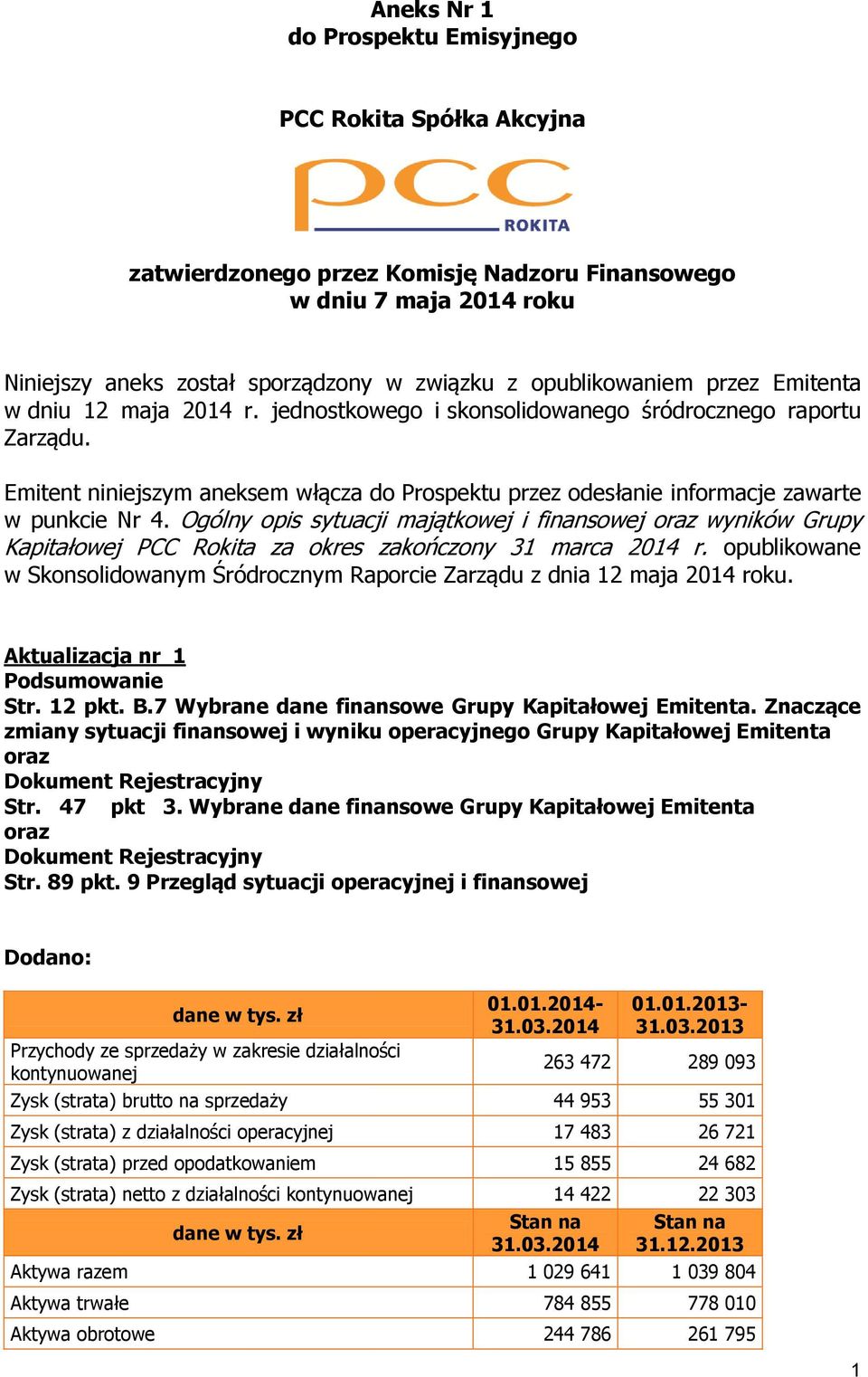 Ogólny opis sytuacji majątkowej i finansowej oraz wyników Grupy Kapitałowej PCC Rokita za okres zakończony 31 marca 2014 r.