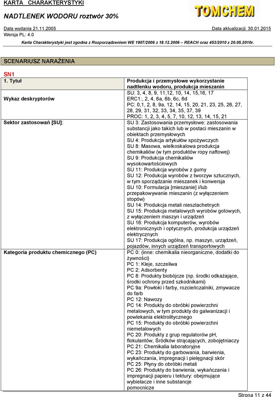 15, 20, 21, 23, 25, 26, 27, 28, 29, 31, 32, 33, 34, 35, 37, 39 PROC: 1, 2, 3, 4, 5, 7, 10, 12, 13, 14, 15, 21 Sektor zastosowań [SU]: SU 3: Zastosowania przemysłowe: zastosowania substancji jako