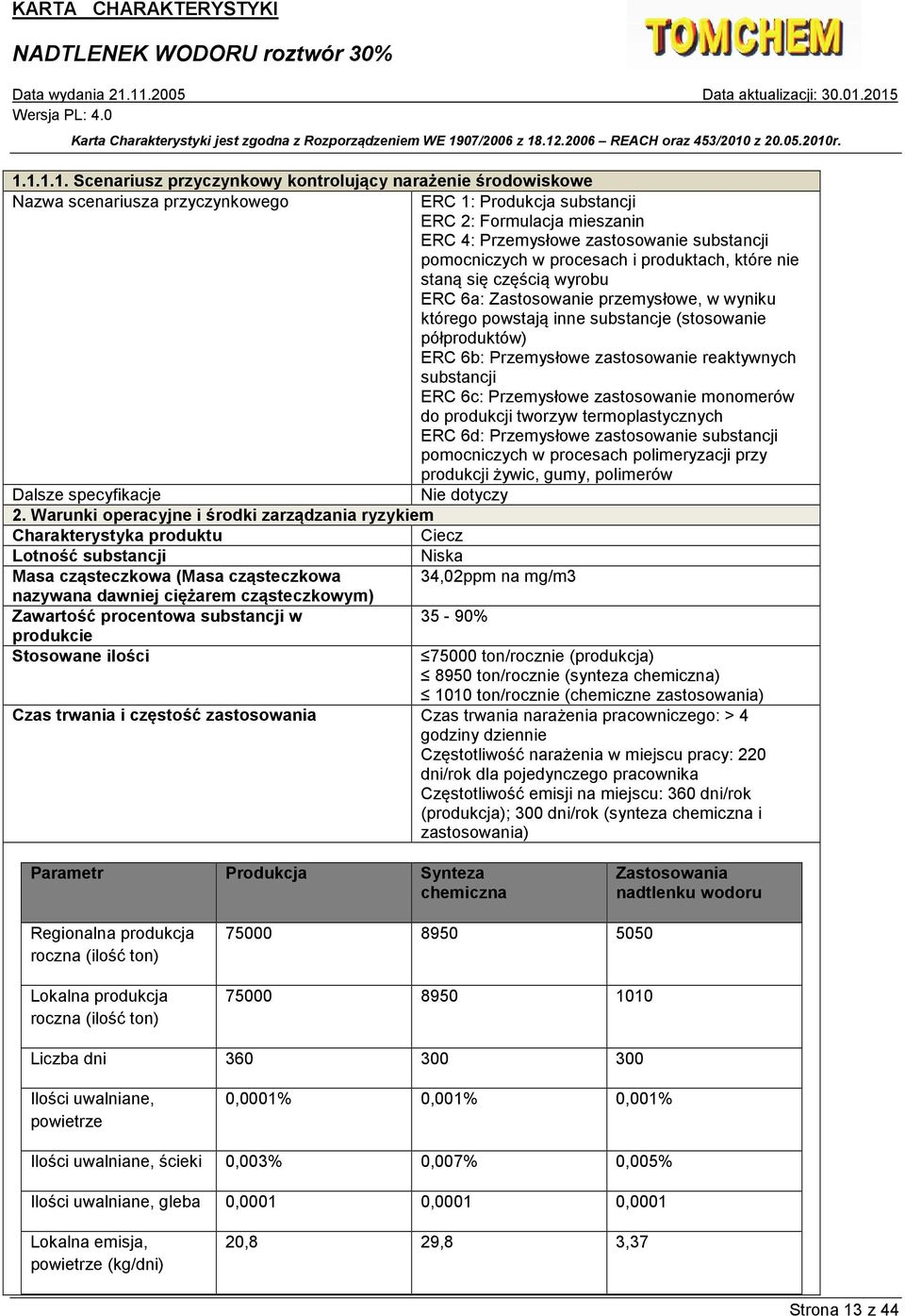 Przemysłowe zastosowanie reaktywnych substancji ERC 6c: Przemysłowe zastosowanie monomerów do produkcji tworzyw termoplastycznych ERC 6d: Przemysłowe zastosowanie substancji pomocniczych w procesach
