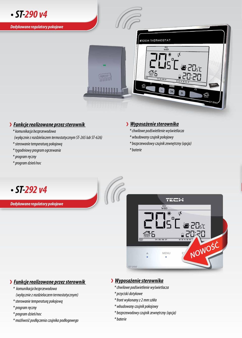 regulatory pokojowe NOWOŚĆ * komunikacja bezprzewodowa (wyłącznie z rozdzielaczem termostatycznym) * sterowanie temperaturą pokojową * program ręczny * program dzień/noc * możliwość