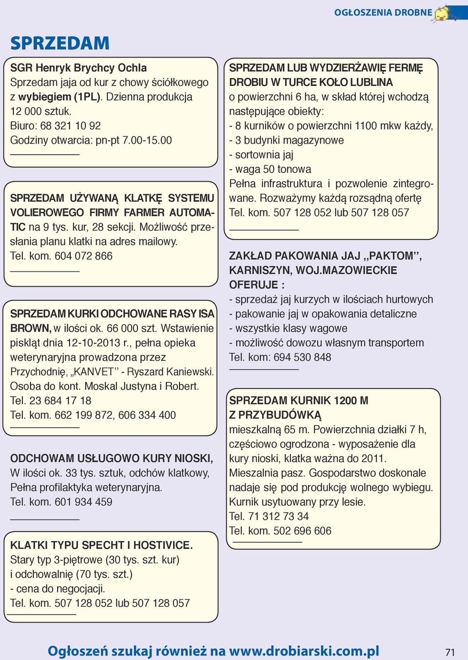 604 072 866 KURKI ODCHOWANE RASY ISA BROWN, w ilości ok. 66 000 szt. Wstawienie piskląt dnia 12-10-2013 r., pełna opieka weterynaryjna prowadzona przez Przychodnię KANVET - Ryszard Kaniewski.
