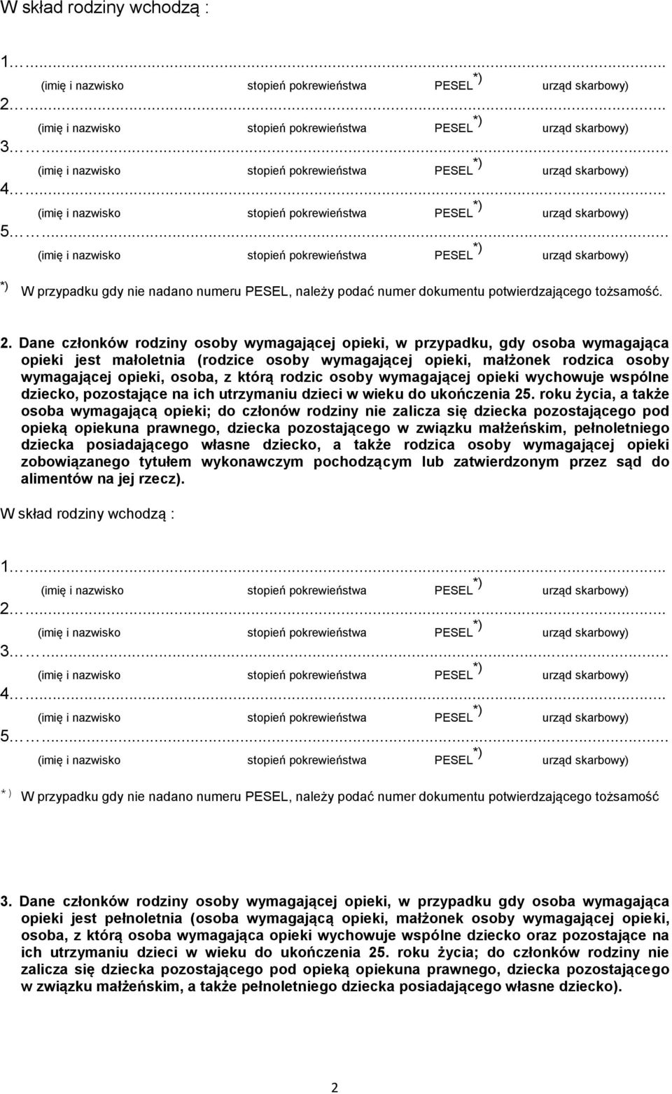 Dane członków rodziny osoby wymagającej opieki, w przypadku, gdy osoba wymagająca opieki jest małoletnia (rodzice osoby wymagającej opieki, małżonek rodzica osoby wymagającej opieki, osoba, z którą