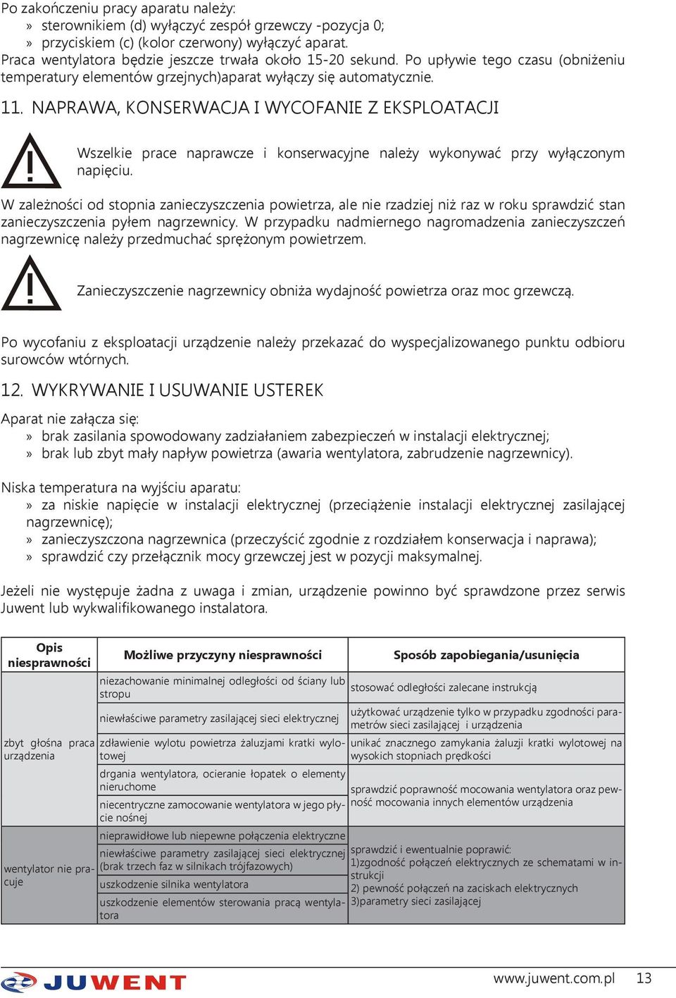 NAPRAWA, KONSERWACJA I WYCOFANIE Z EKSPLOATACJI Wszelkie prace naprawcze i konserwacyjne należy wykonywać przy wyłączonym napięciu.