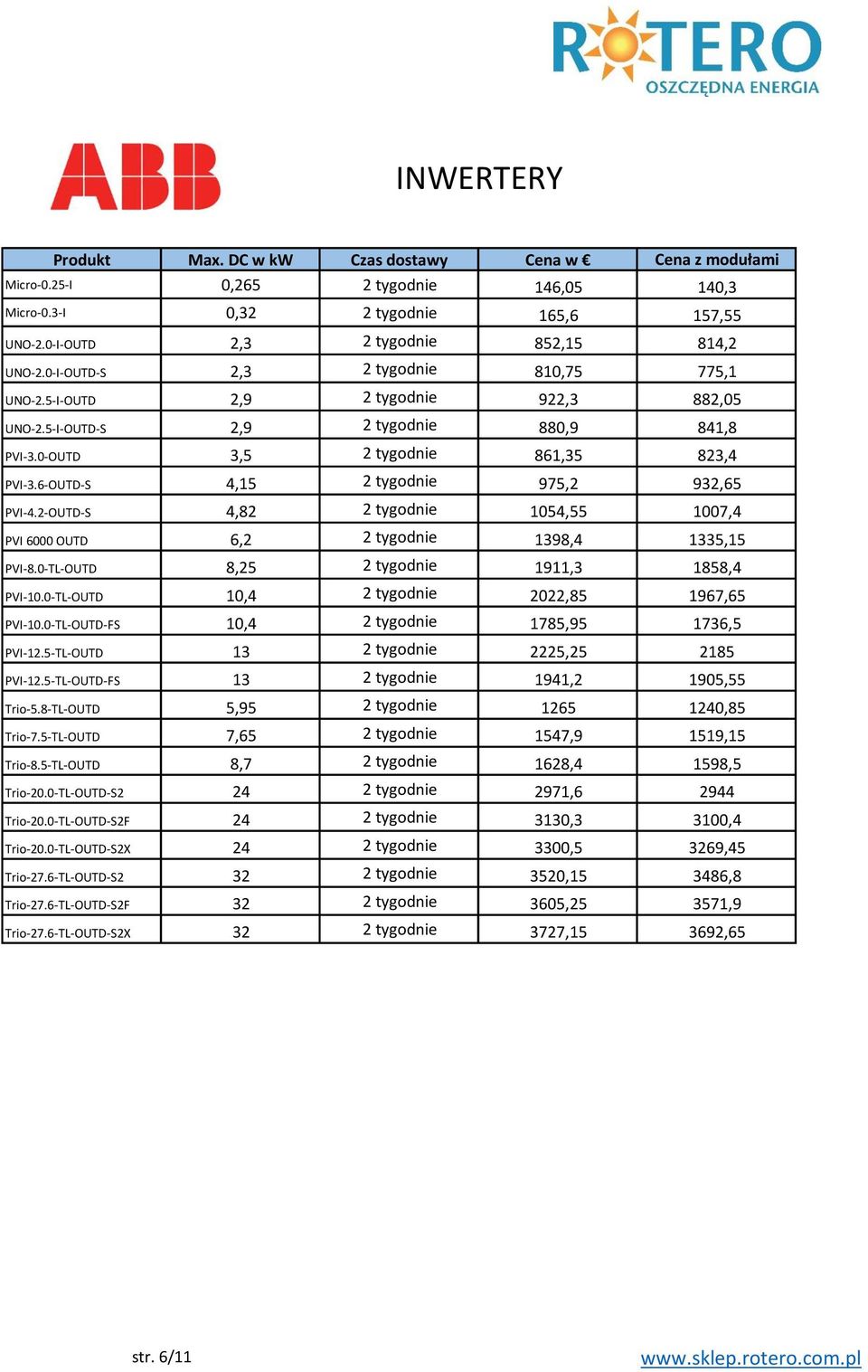 6-OUTD-S 4,15 2 tygodnie 975,2 932,65 PVI-4.2-OUTD-S 4,82 2 tygodnie 1054,55 1007,4 PVI 6000 OUTD 6,2 2 tygodnie 1398,4 1335,15 PVI-8.0-TL-OUTD 8,25 2 tygodnie 1911,3 1858,4 PVI-10.