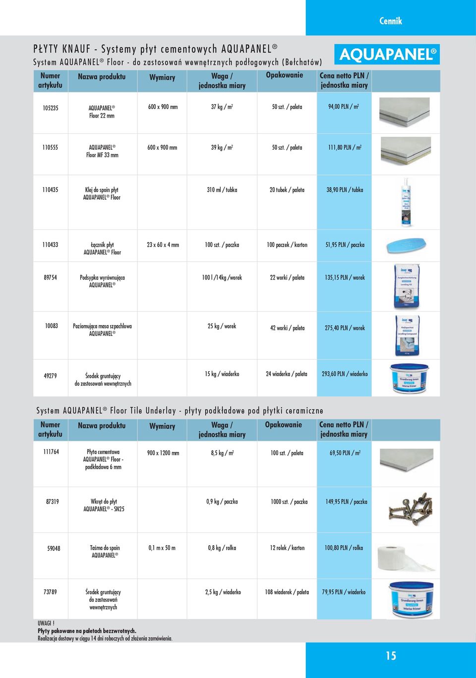 / paleta 111,80 PLN / m 2 110435 Klej do spoin płyt AQUAPANEL Floor 310 ml / tubka 20 tubek / paleta 38,90 PLN / tubka 110433 Łącznik płyt AQUAPANEL Floor 23 x 60 x 4 mm 100 paczek / karton 51,95 PLN