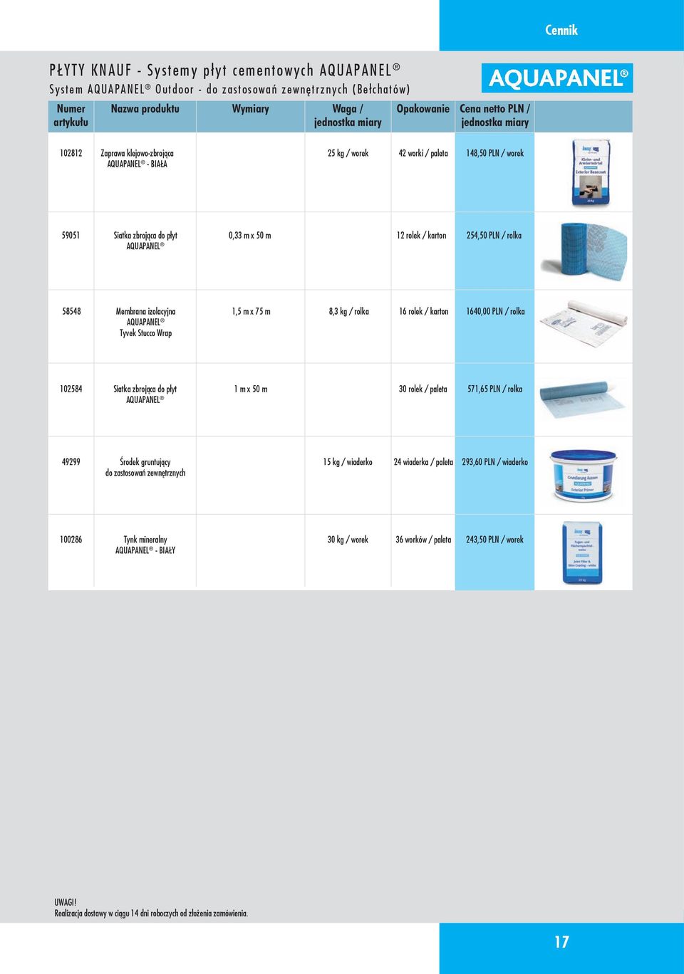 izolacyjna AQUAPANEL Tyvek Stucco Wrap 1,5 m x 75 m 8,3 kg / rolka 16 rolek / karton 1640,00 PLN / rolka 102584 Siatka zbrojąca do płyt 1 m x 50 m 30 rolek / paleta 571,65 PLN / rolka AQUAPANEL 49299