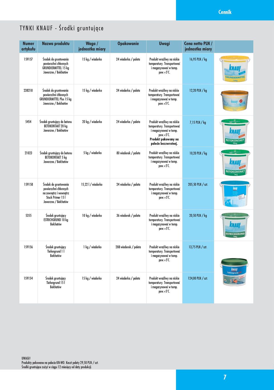 16,95 PLN / kg 238218 Środek do gruntowania powierzchni chłonnych GRUNDIERMITTEL Plus 15 kg Jaworzno / 15 kg / wiaderko 24 wiaderka / paleta Produkt wrażliwy  12,20 PLN / kg 5454 Środek gruntujący do