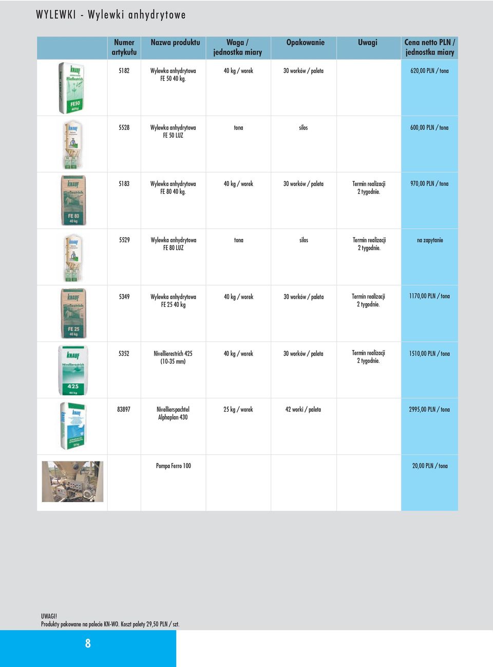 40 kg / worek 30 worków / paleta Termin realizacji 2 tygodnie. 970,00 PLN / tona 5529 Wylewka anhydrytowa FE 80 LUZ tona silos Termin realizacji 2 tygodnie.