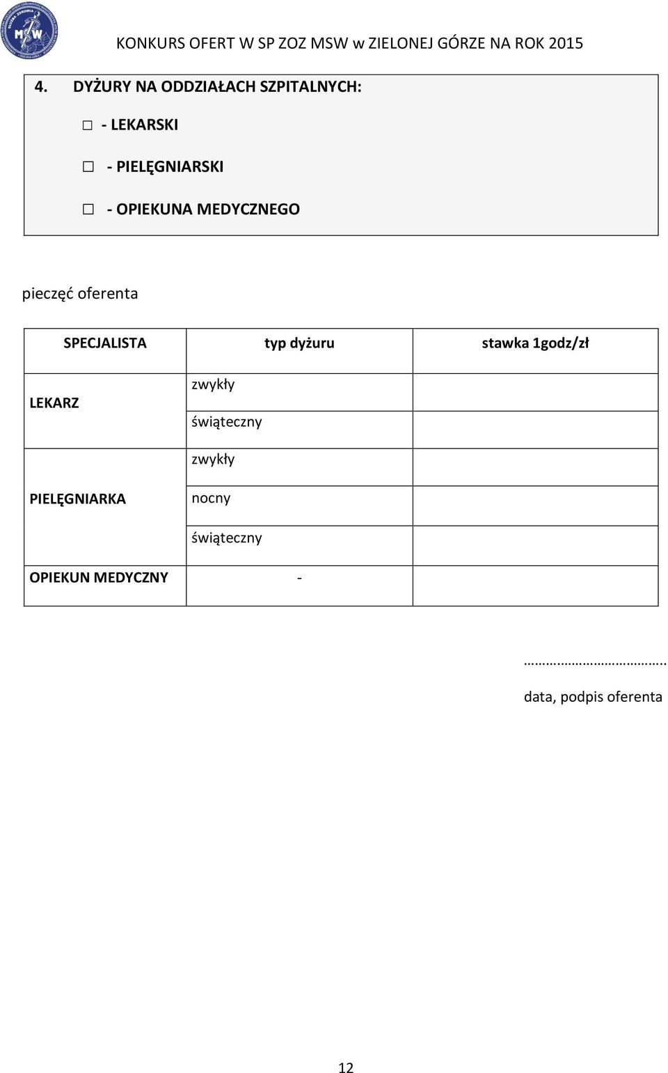 SPECJALISTA typ dyżuru stawka 1godz/zł LEKARZ zwykły