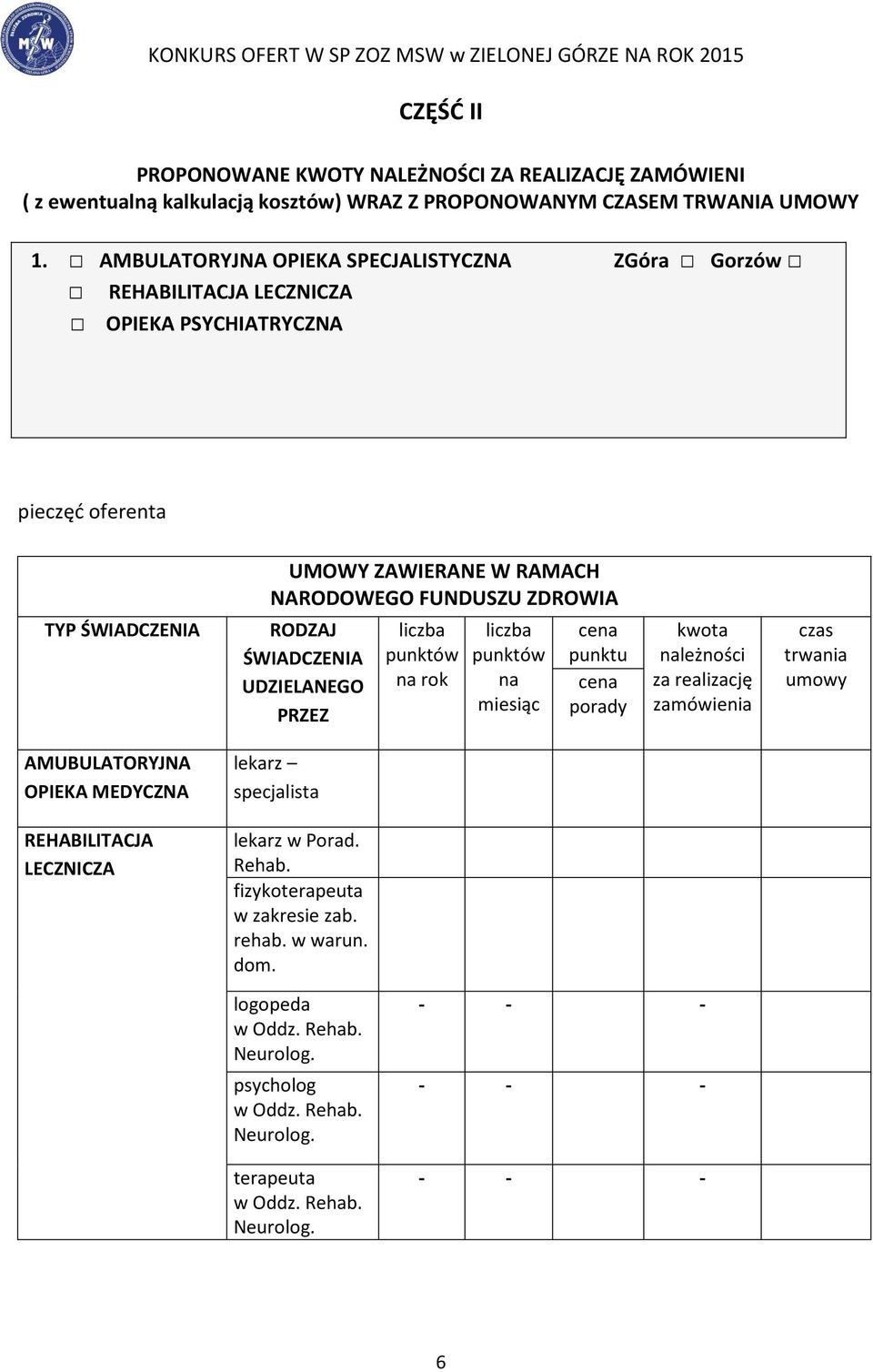 ŚWIADCZENIA UDZIELANEGO PRZEZ liczba punktów na rok liczba punktów na miesiąc cena punktu cena porady kwota należności za realizację zamówienia czas trwania umowy AMUBULATORYJNA OPIEKA