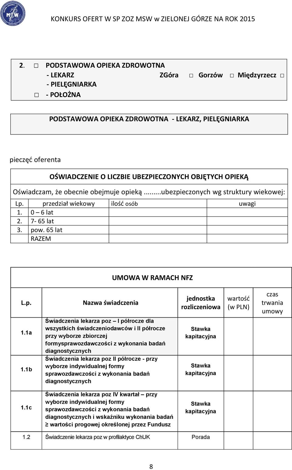 p. Nazwa świadczenia jednostka rozliczeniowa wartość (w PLN) czas trwania umowy 1.1a 1.