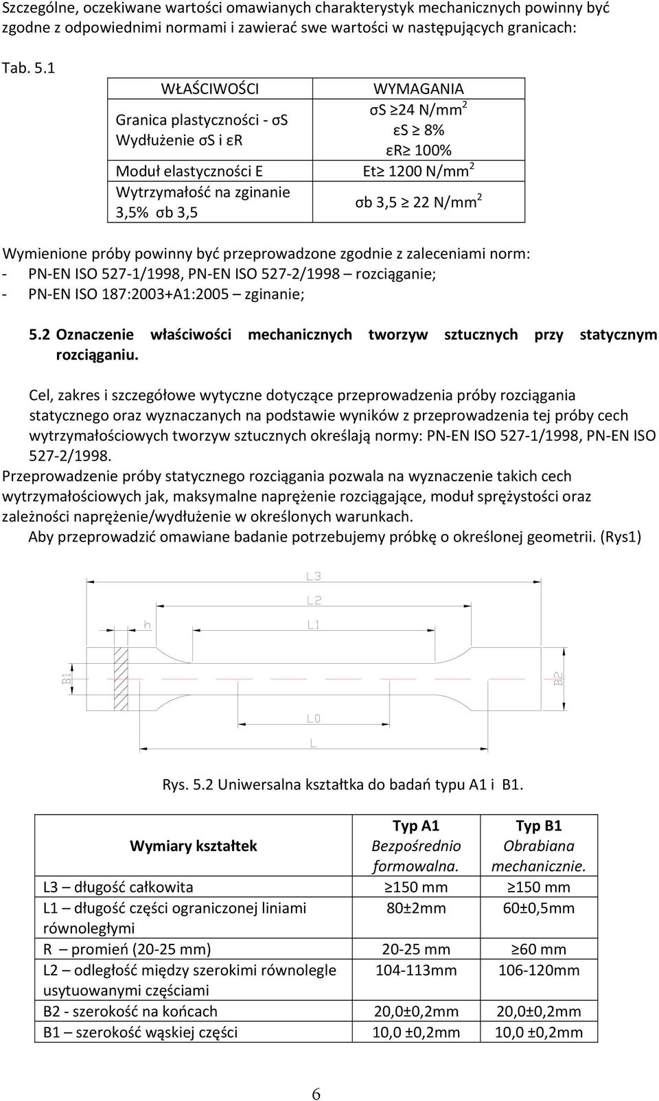 być przeprowadzone zgodnie z zaleceniami norm: PN EN ISO 57 1/1998, PN EN ISO 57 /1998 rozciąganie; PN EN ISO 187:003+A1:005 zginanie; 5.