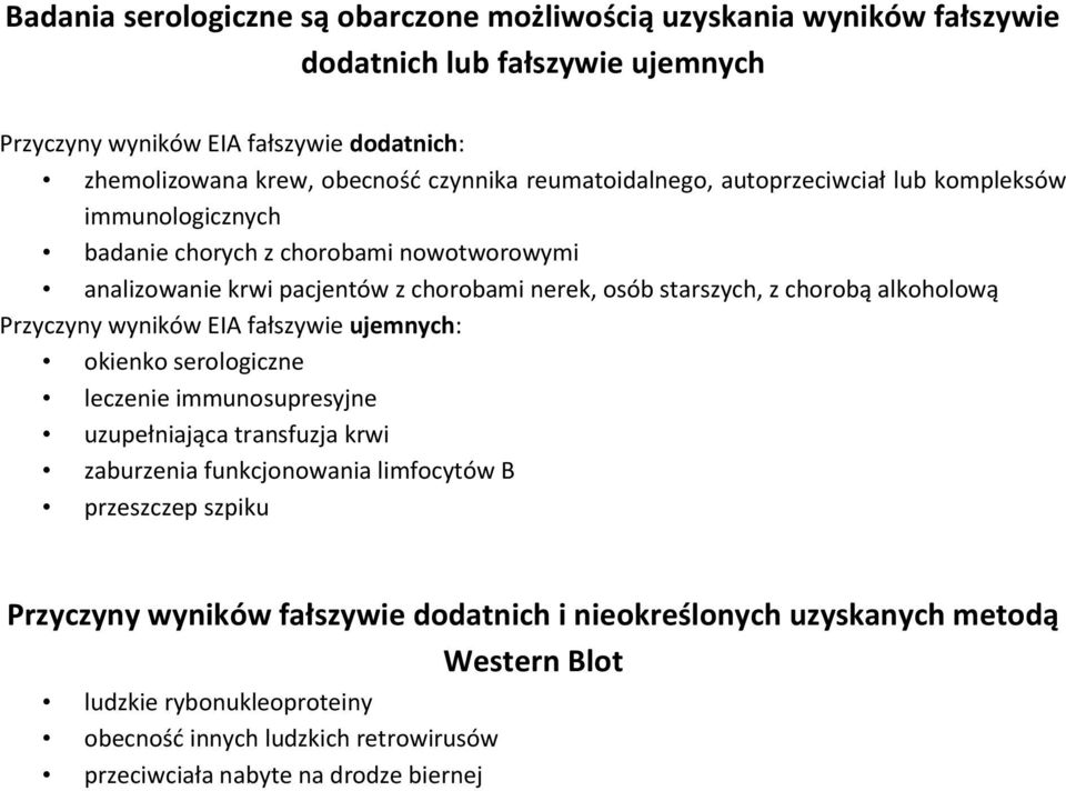 chorobą alkoholową Przyczyny wyników EIA fałszywie ujemnych: okienko serologiczne leczenie immunosupresyjne uzupełniająca transfuzja krwi zaburzenia funkcjonowania limfocytów B