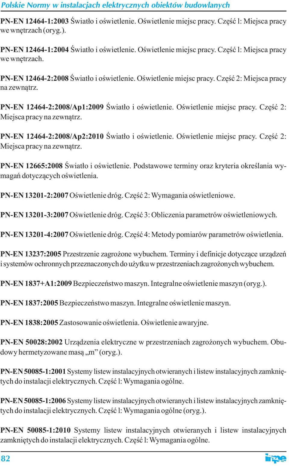 Oświetlenie miejsc pracy. Część 2: Miejsca pracy na zewnątrz. PN-EN 12665:2008 Światło i oświetlenie. Podstawowe terminy oraz kryteria określania wymagań dotyczących oświetlenia.