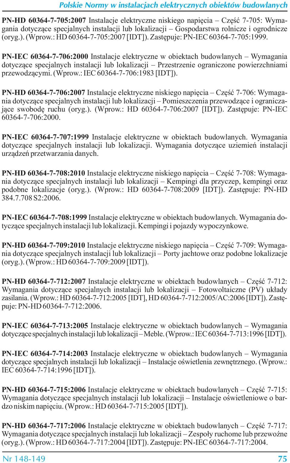 PN-IEC 60364-7-706:2000 Instalacje elektryczne w obiektach budowlanych Wymagania dotyczące specjalnych instalacji lub lokalizacji Przestrzenie ograniczone powierzchniami przewodzącymi. (Wprow.